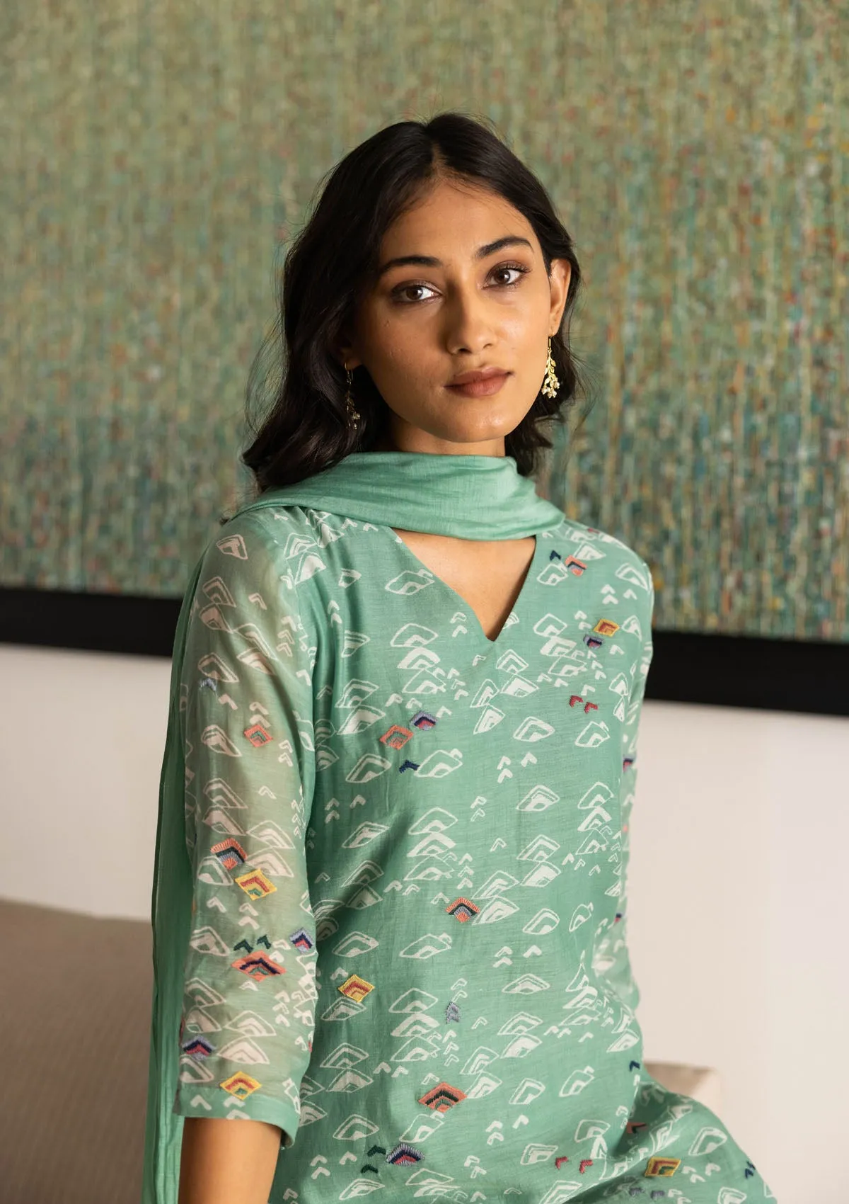 Mint Geometric Print Kurta Set