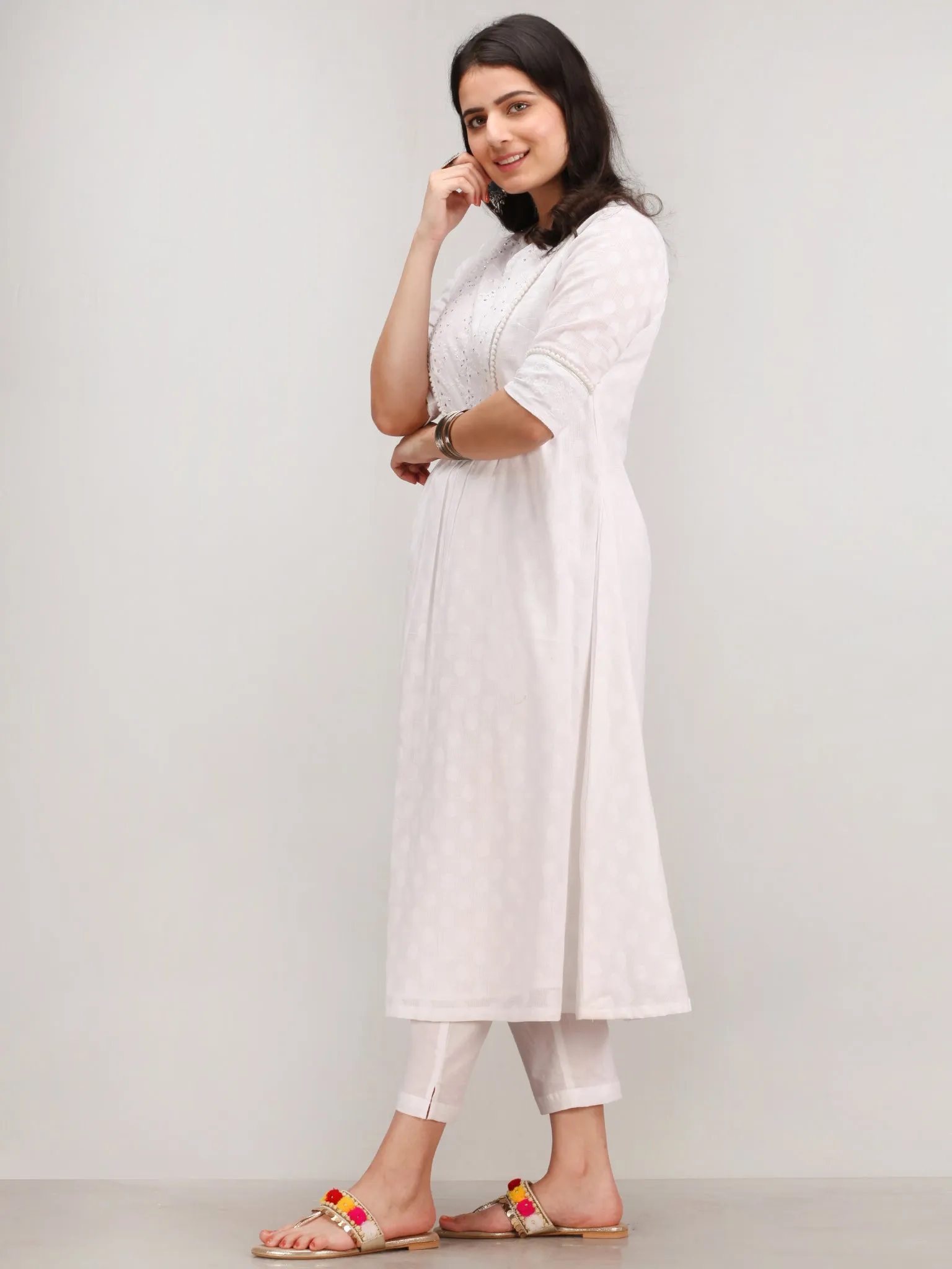 Noor Ejaz - Self Emboss Work ALine Kurta Pant Set With Mirror Work Dupatta - KS116AXXD2