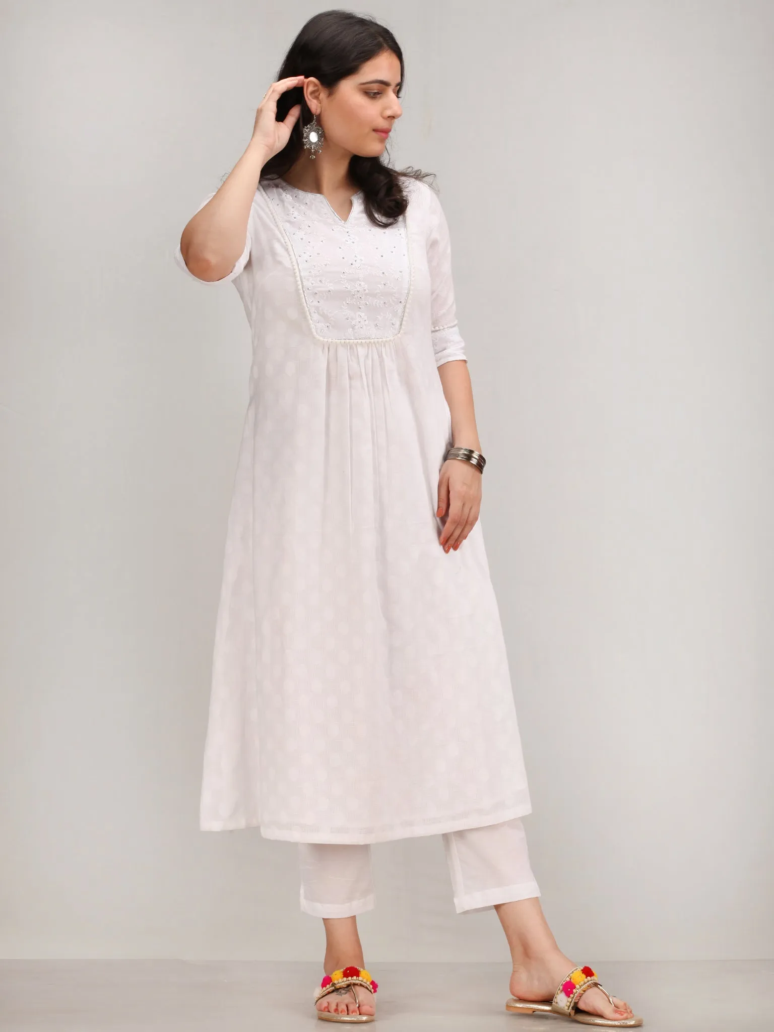 Noor Ejaz - Self Emboss Work ALine Kurta Pant Set With Mirror Work Dupatta - KS116AXXD2