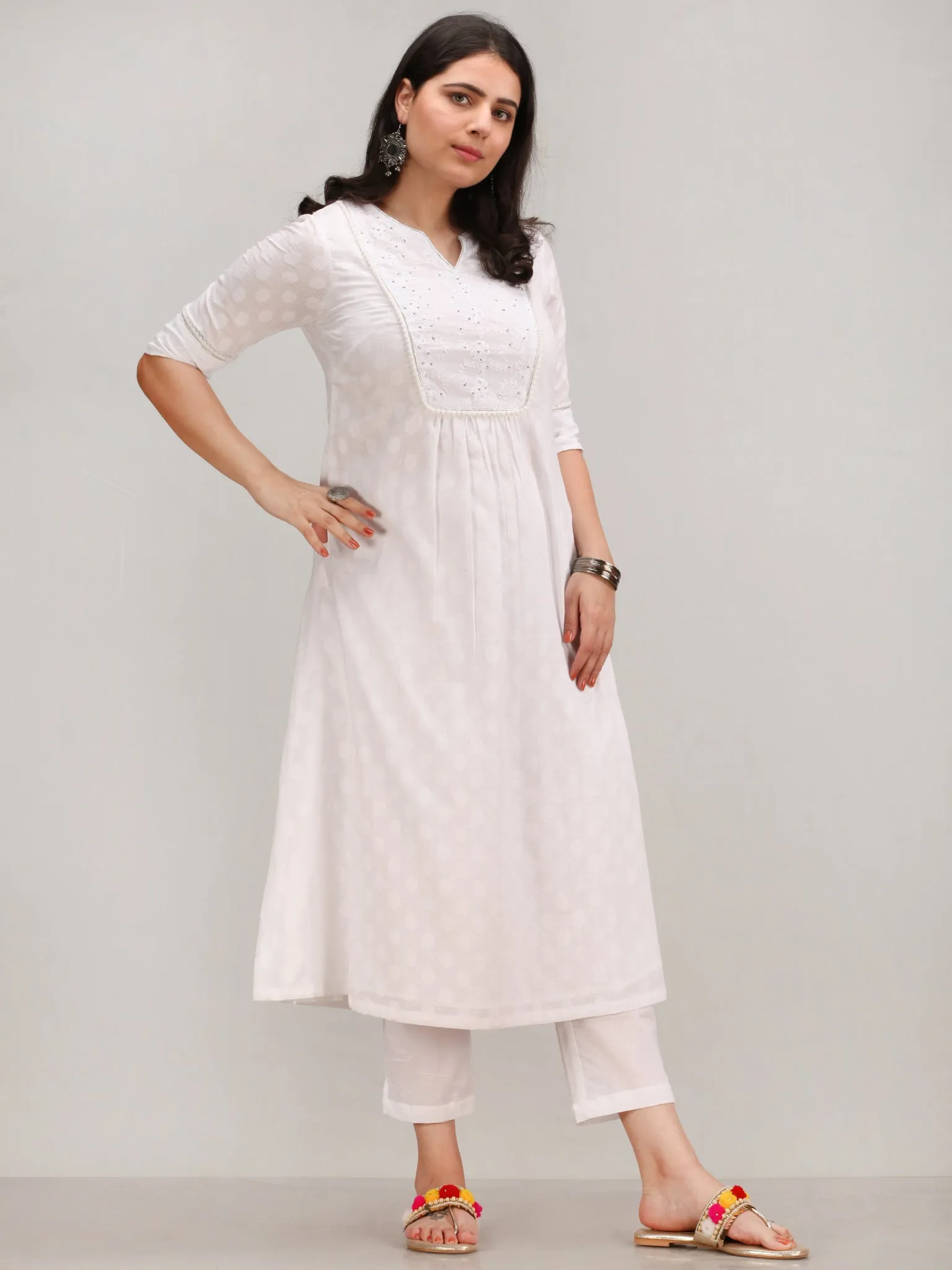 Noor Ejaz - Self Emboss Work ALine Kurta Pant Set With Mirror Work Dupatta - KS116AXXD2