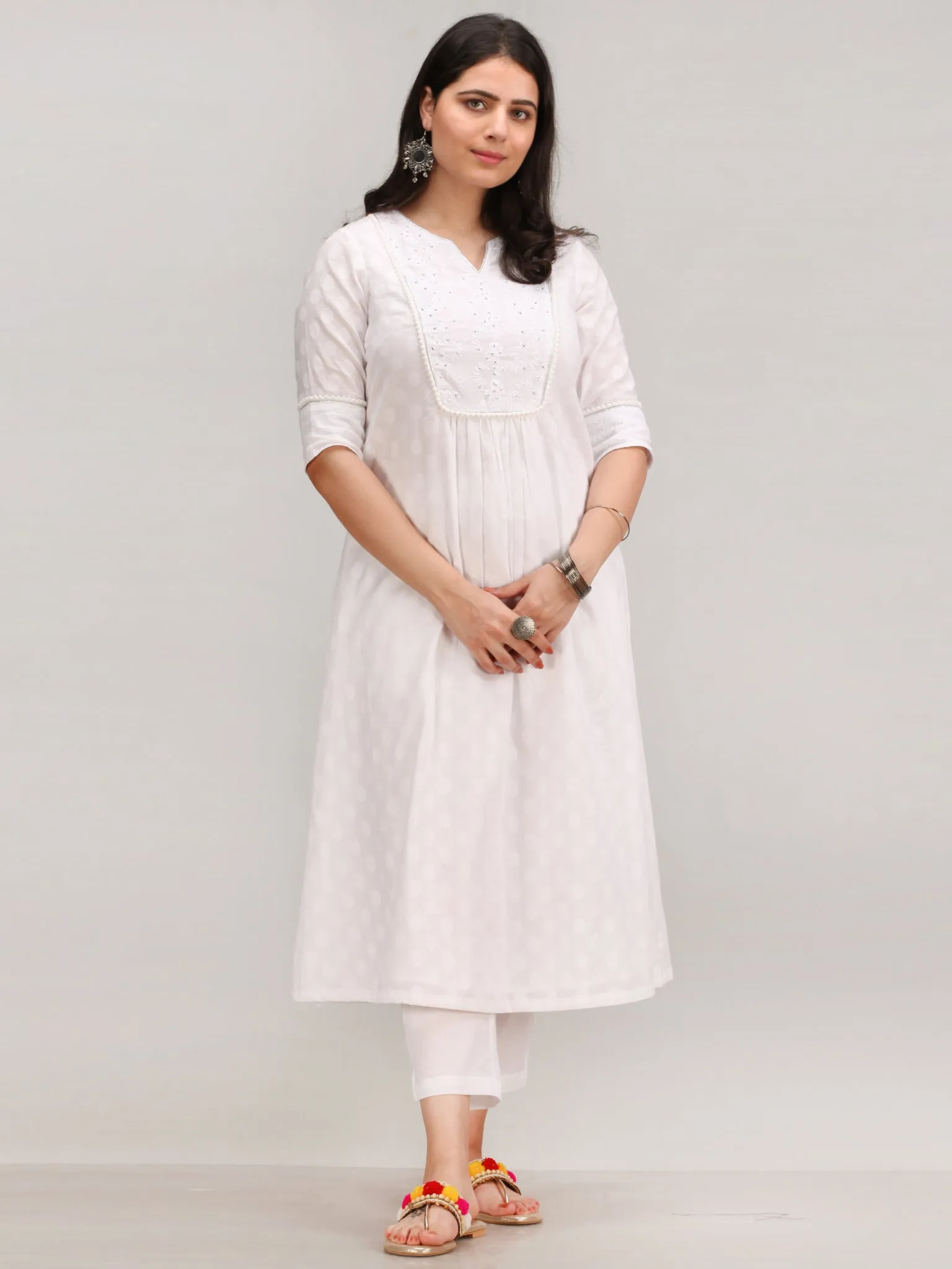Noor Ejaz - Self Emboss Work ALine Kurta Pant Set With Mirror Work Dupatta - KS116AXXD2