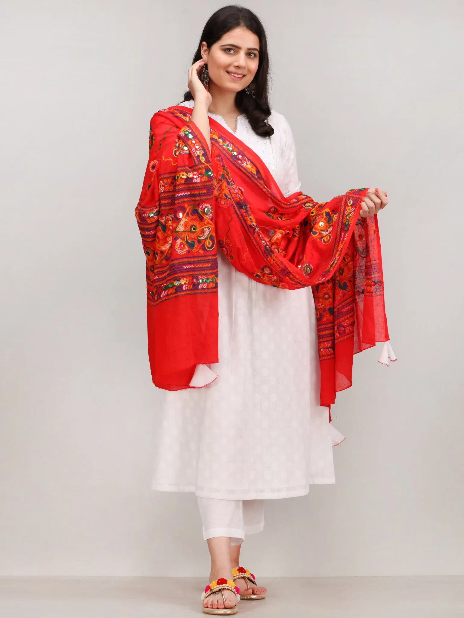 Noor Ejaz - Self Emboss Work ALine Kurta Pant Set With Mirror Work Dupatta - KS116AXXD2