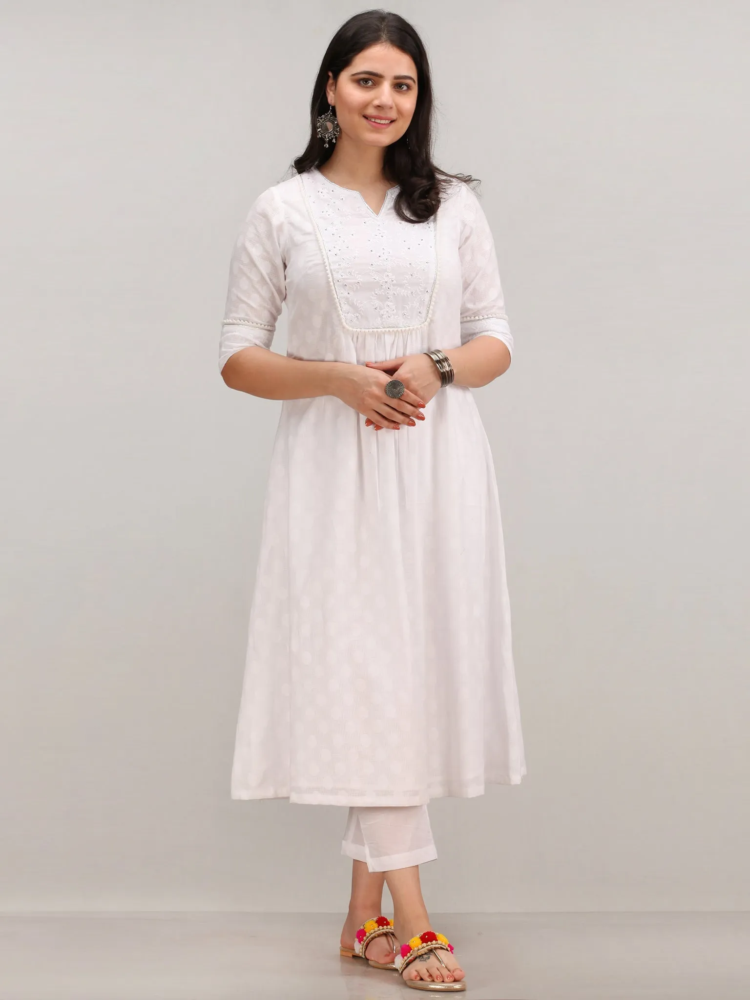 Noor Ejaz - Self Emboss Work ALine Kurta Pant Set With Mirror Work Dupatta - KS116AXXD2