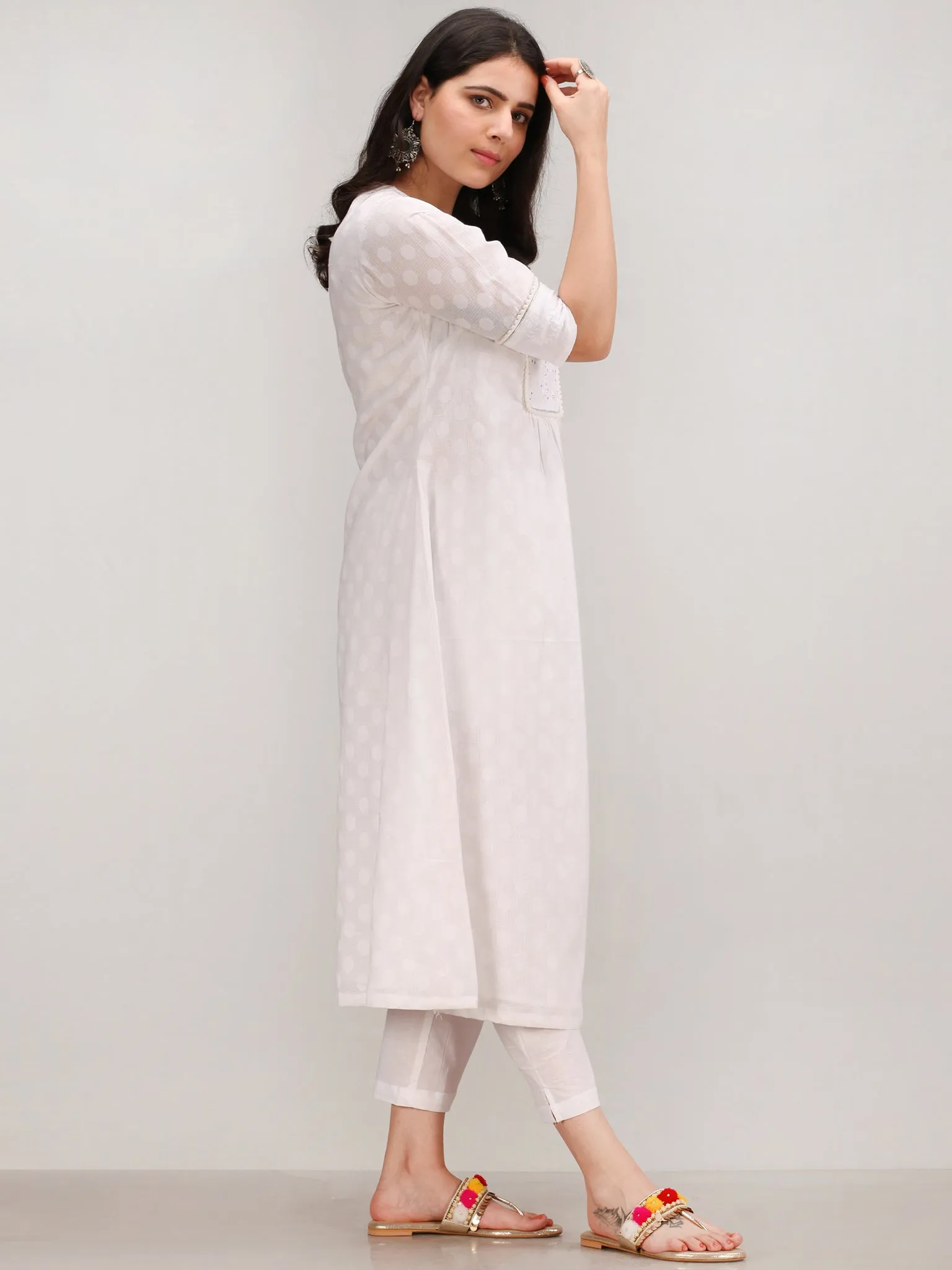 Noor Ejaz - Self Emboss Work ALine Kurta Pant Set With Mirror Work Dupatta - KS116AXXD2