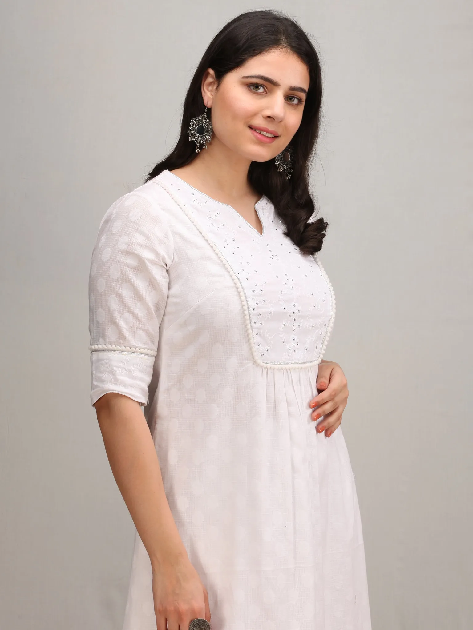 Noor Ejaz - Self Emboss Work ALine Kurta Pant Set With Mirror Work Dupatta - KS116AXXD2
