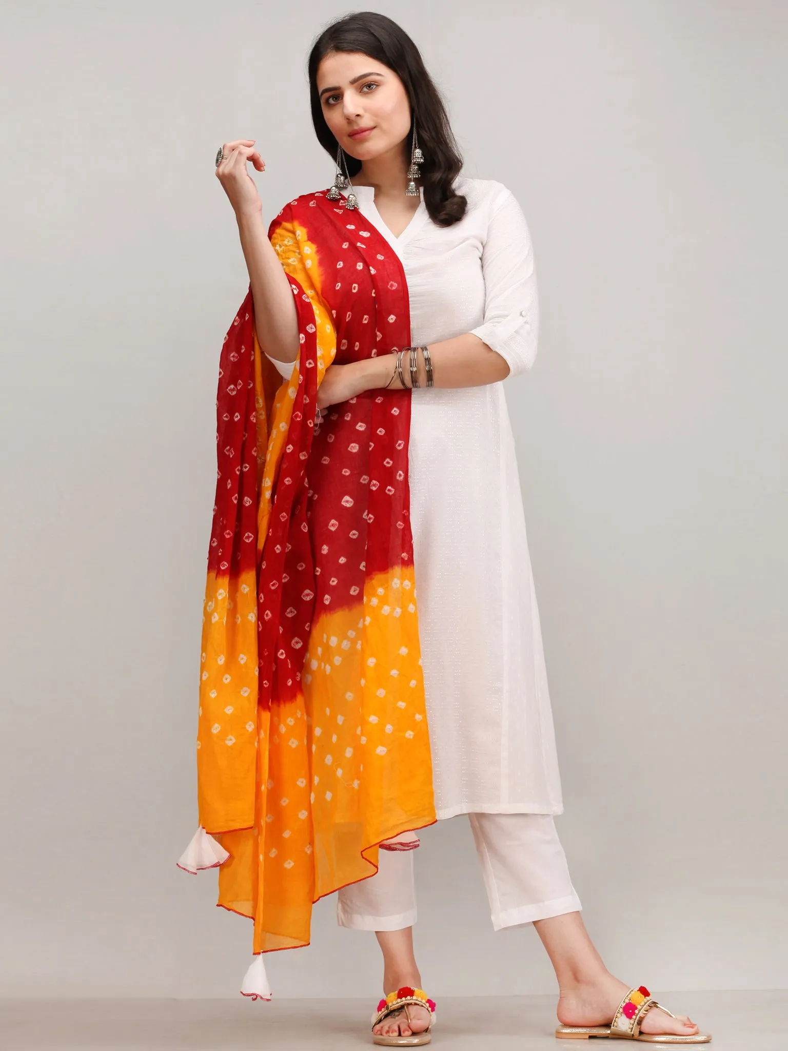 Noor Fadia - Self Emboss Work ALine Kurta Pant Set With Bandhini Dupatta - KS39AXXD10