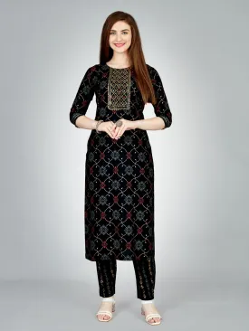 Odette Black Embroidered Rayon Stitched Kurta Set For Women
