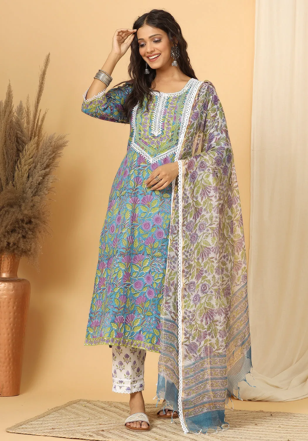 Panna - Hand Block Print Cotton Suit Set With Pure Kota Doria Dupatta