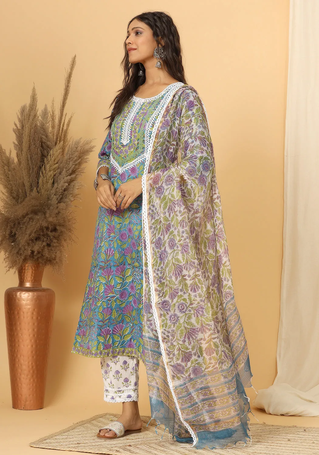 Panna - Hand Block Print Cotton Suit Set With Pure Kota Doria Dupatta