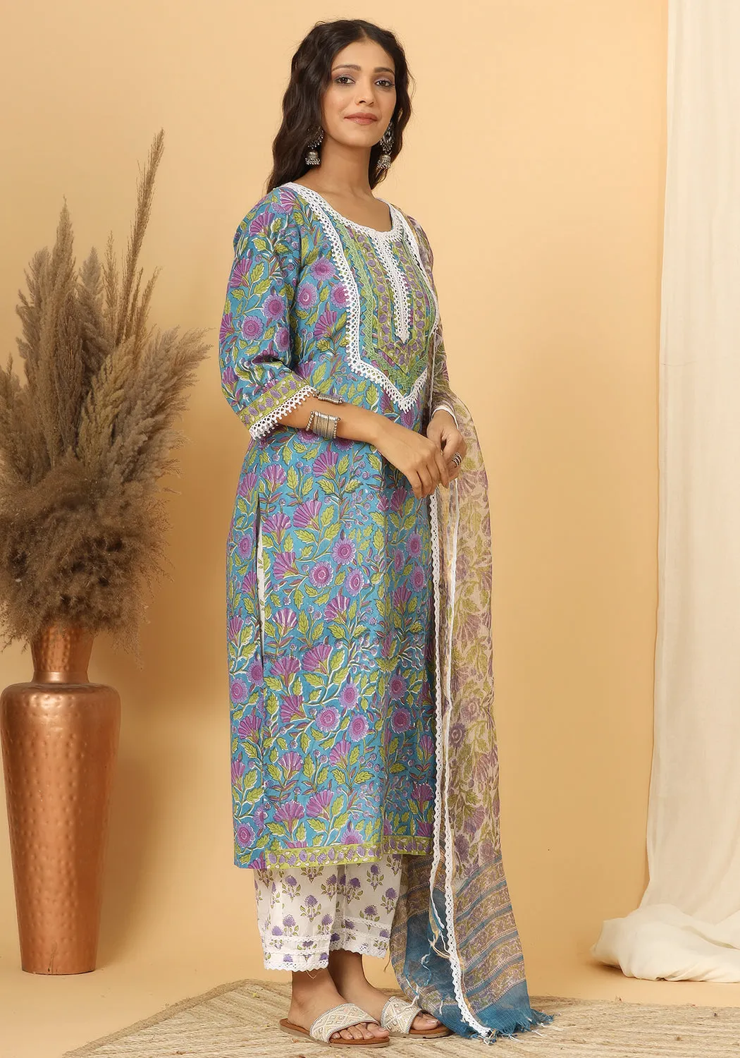 Panna - Hand Block Print Cotton Suit Set With Pure Kota Doria Dupatta