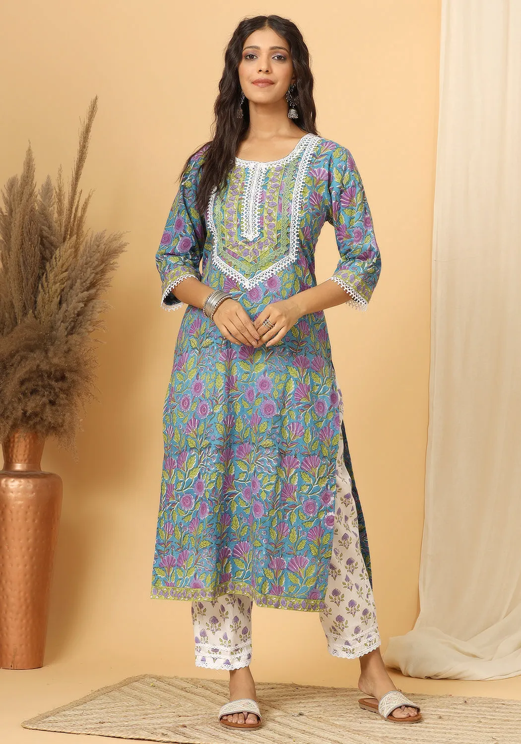 Panna - Hand Block Print Cotton Suit Set With Pure Kota Doria Dupatta