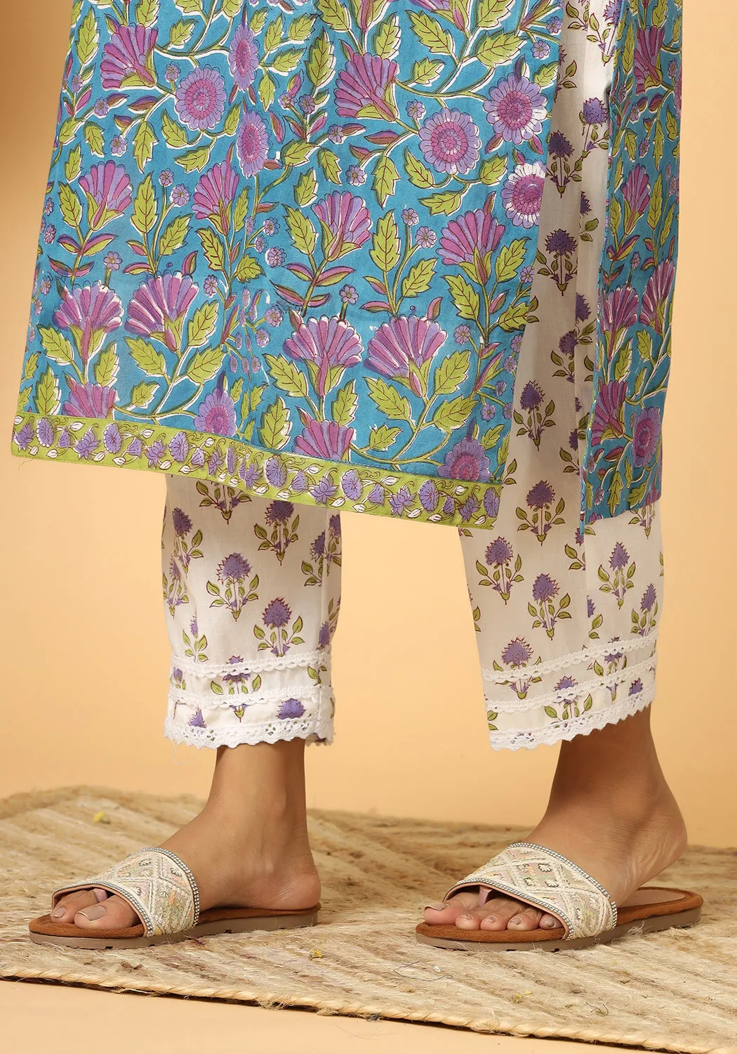 Panna - Hand Block Print Cotton Suit Set With Pure Kota Doria Dupatta