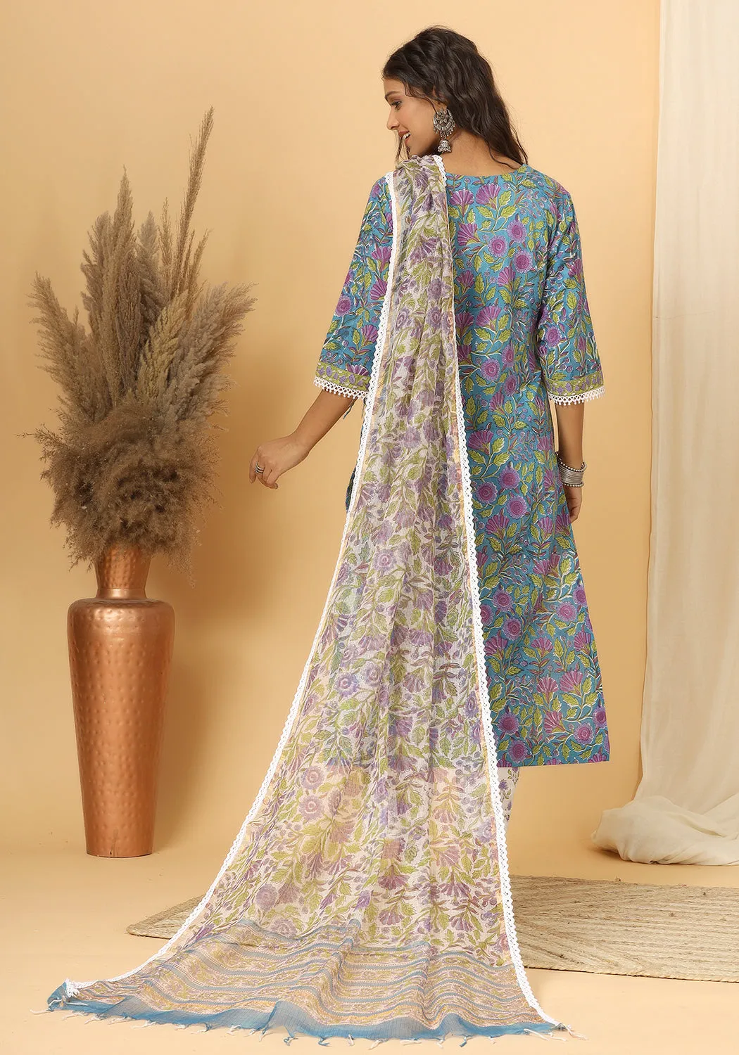 Panna - Hand Block Print Cotton Suit Set With Pure Kota Doria Dupatta