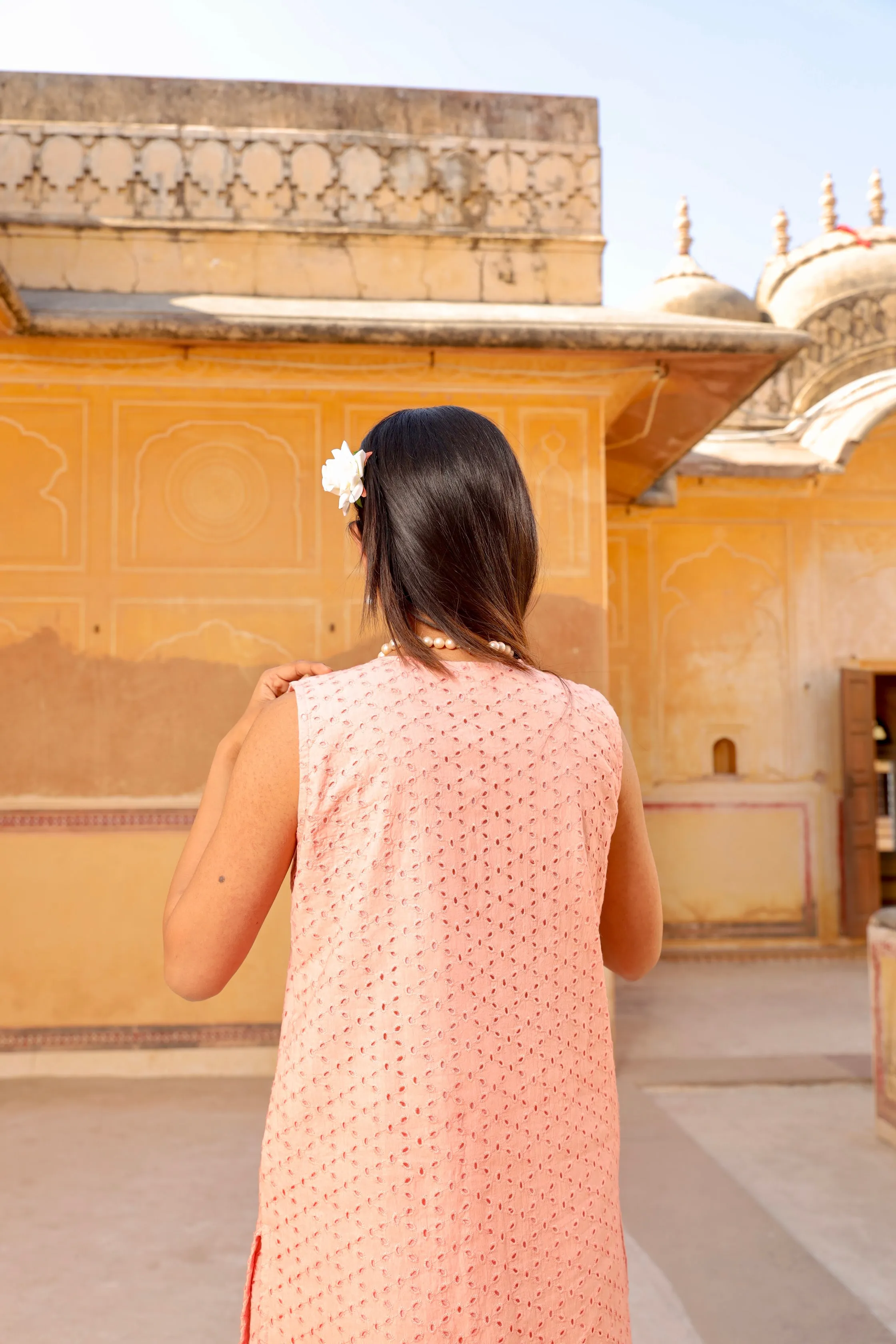 Peach Shiffly chikankari cotton straight set
