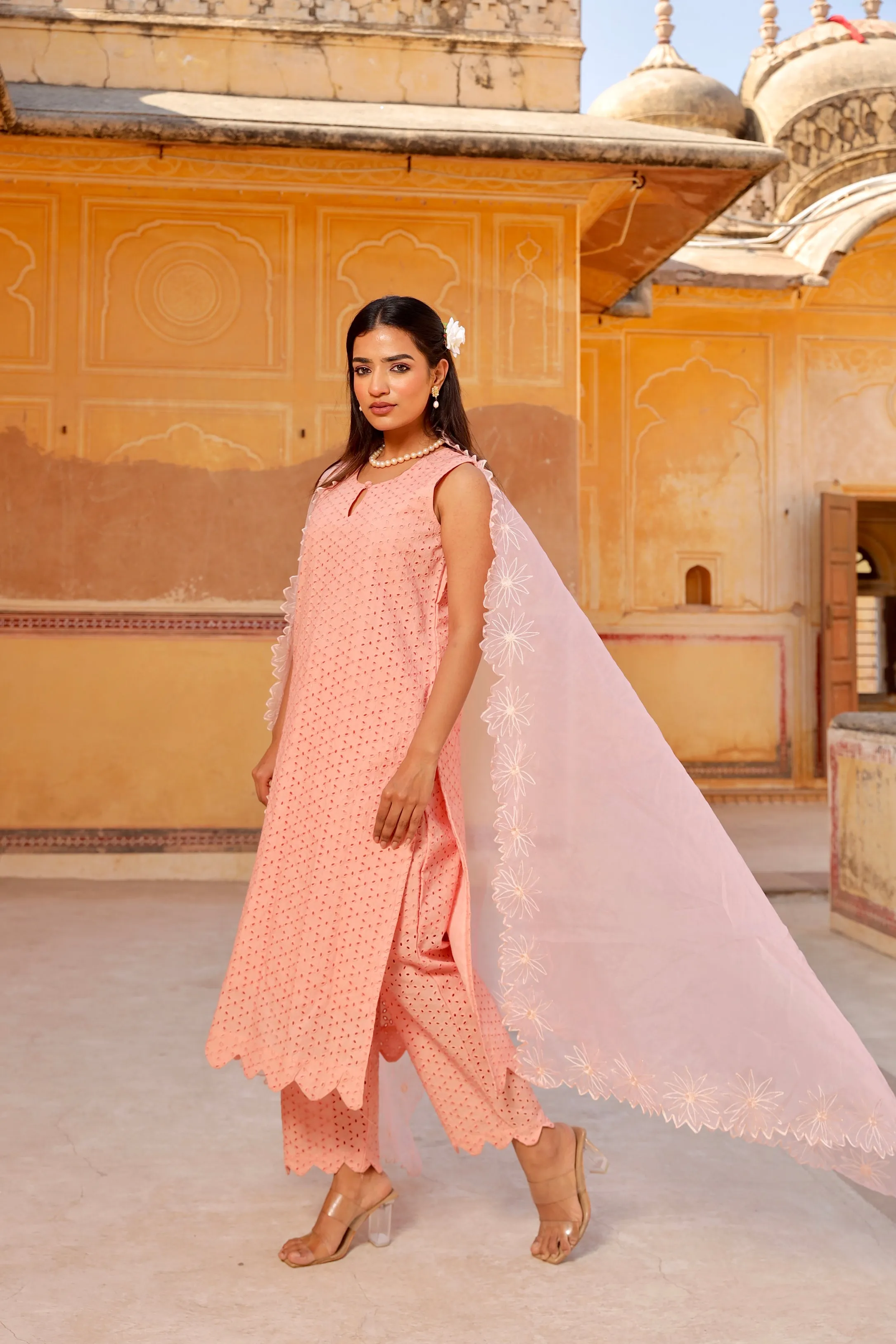 Peach Shiffly chikankari cotton straight set