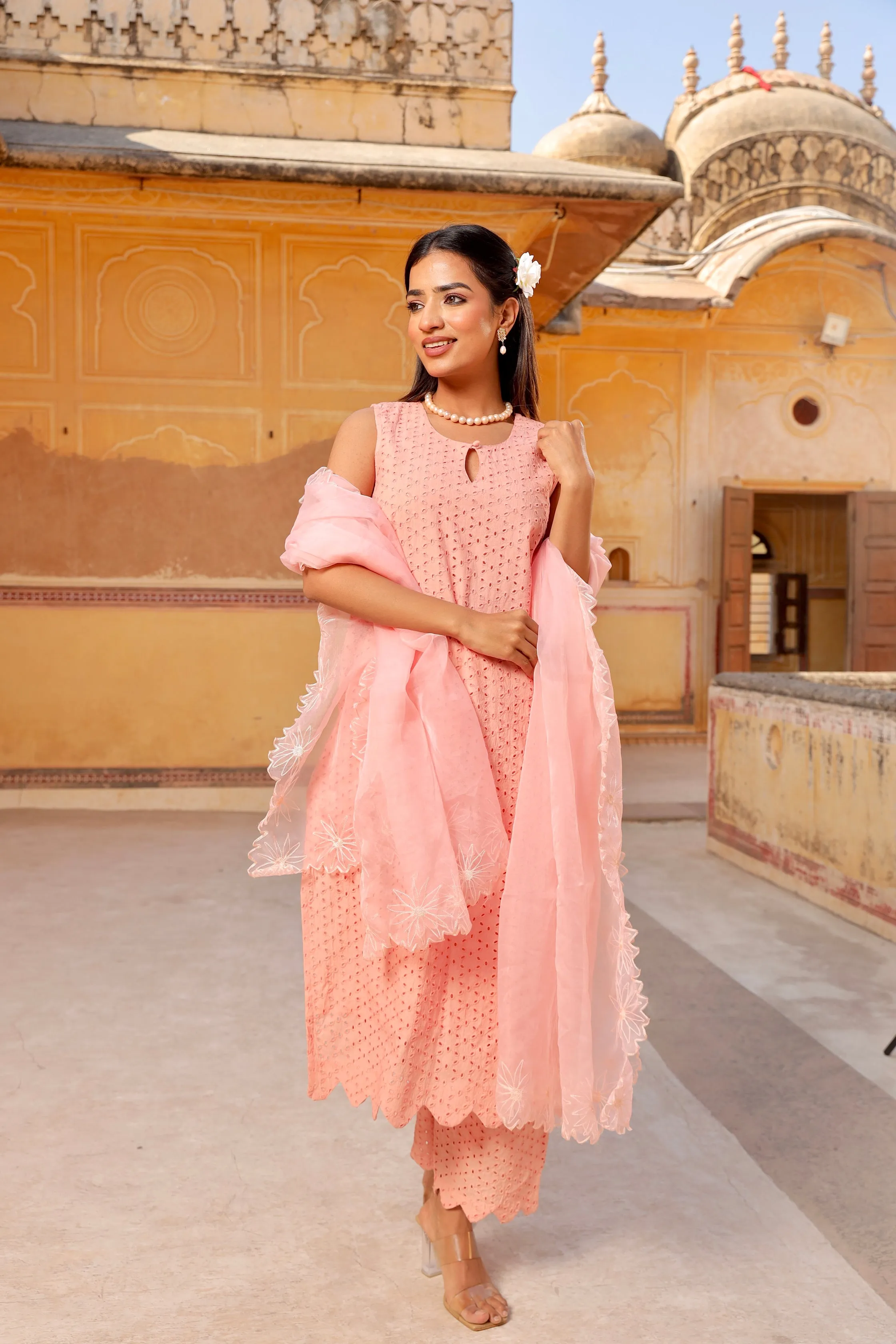 Peach Shiffly chikankari cotton straight set