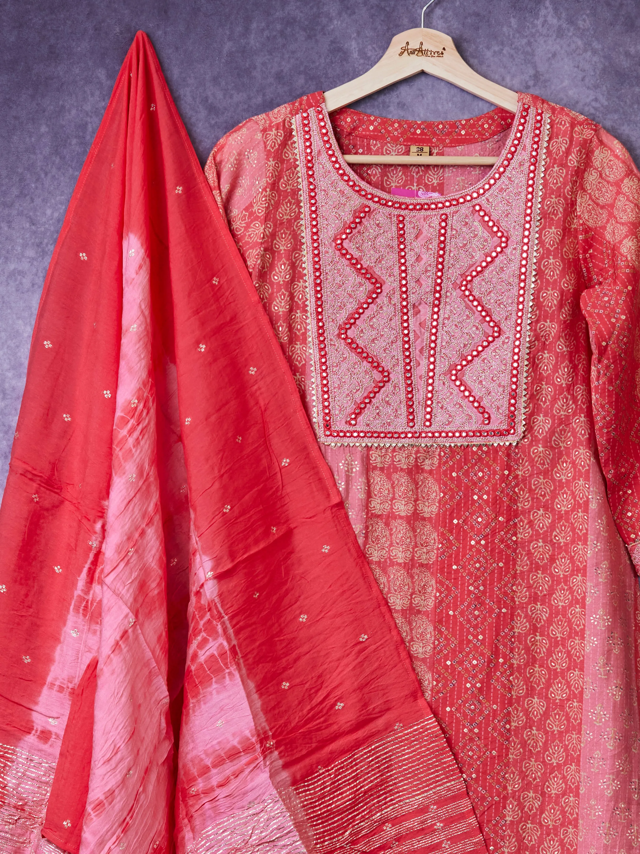 Peach Thread Work Kurta, Pants and Dupatta set