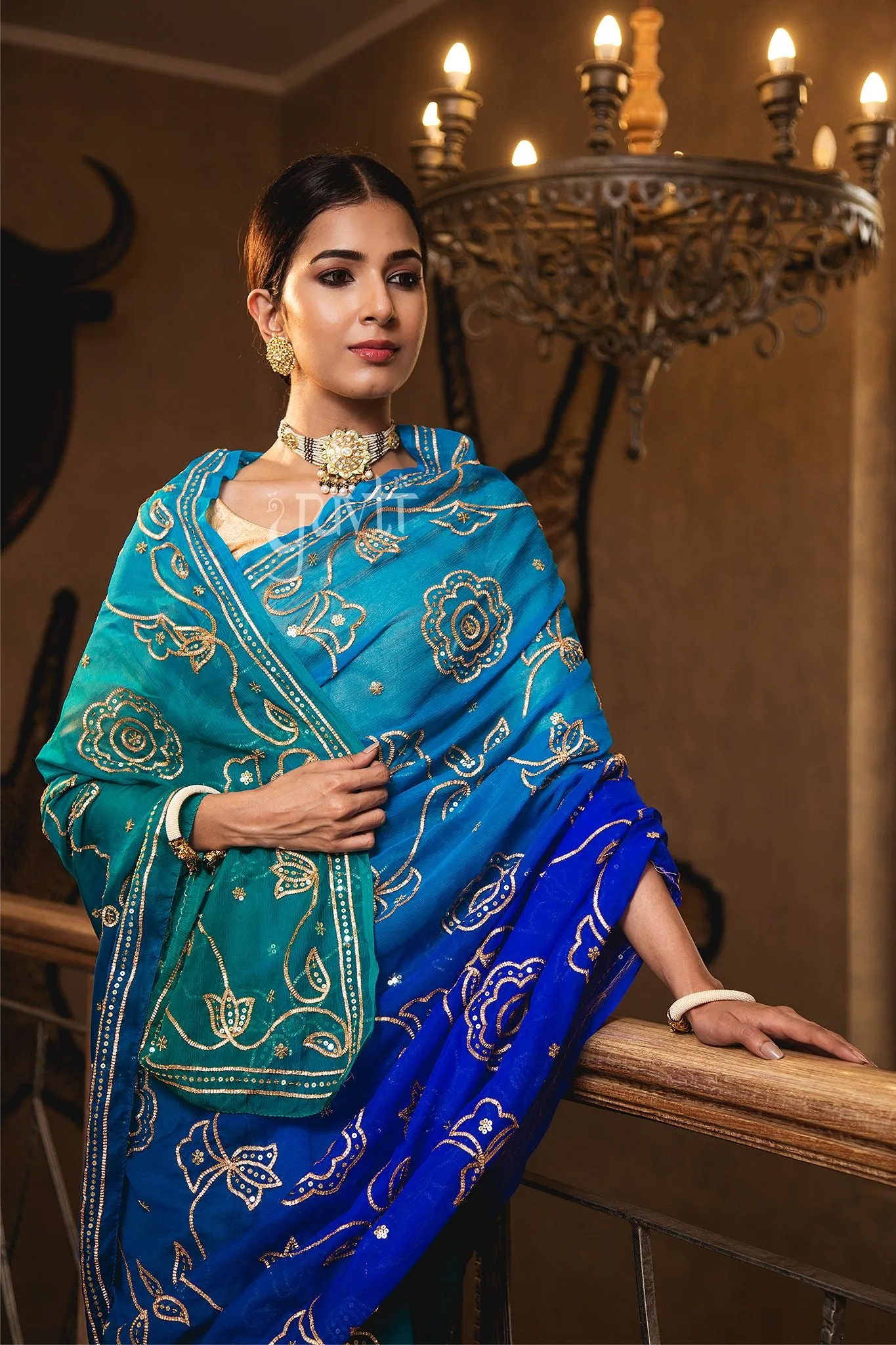 Peacock Sikhiya & Sequins Pure Chiffon Saree