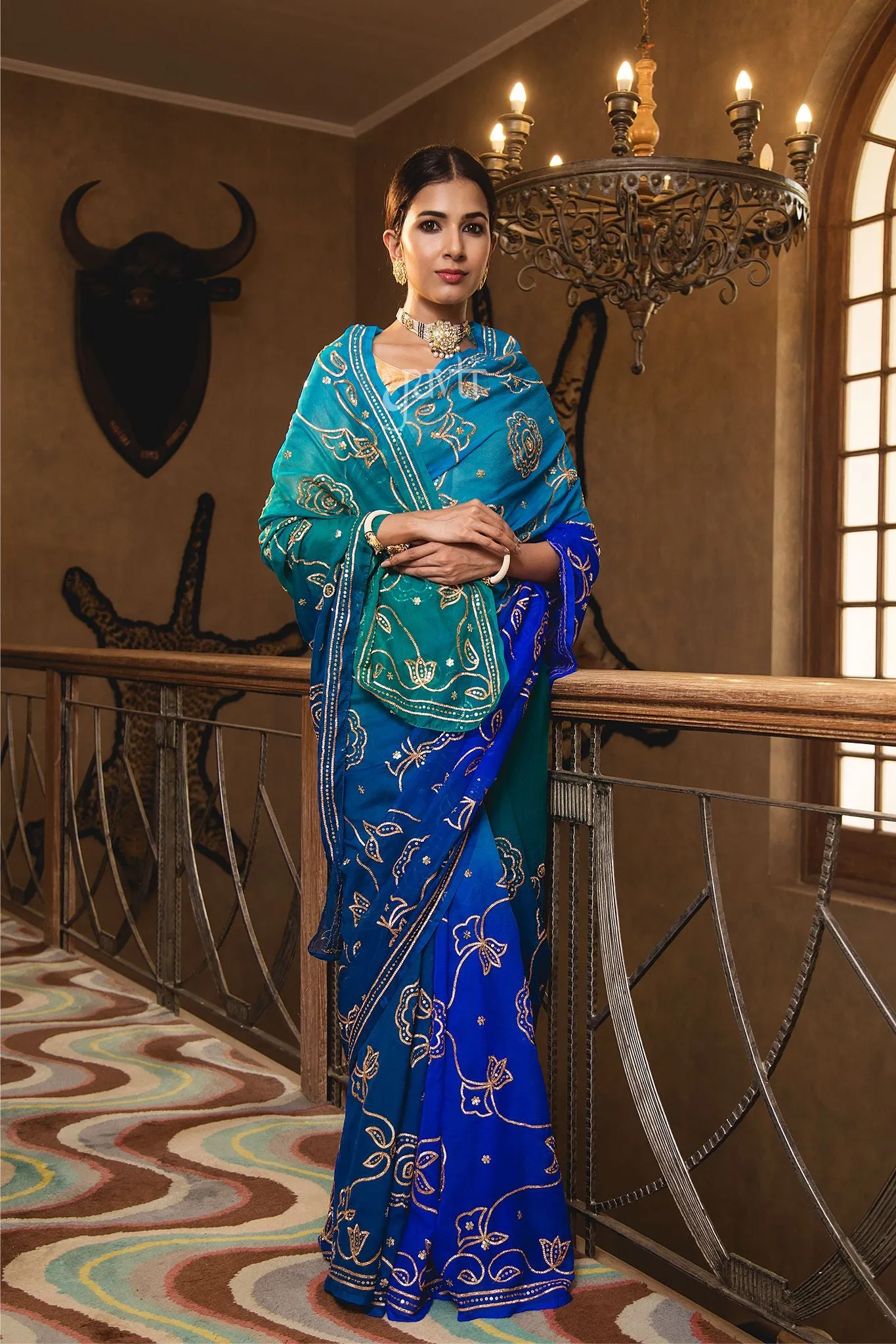 Peacock Sikhiya & Sequins Pure Chiffon Saree