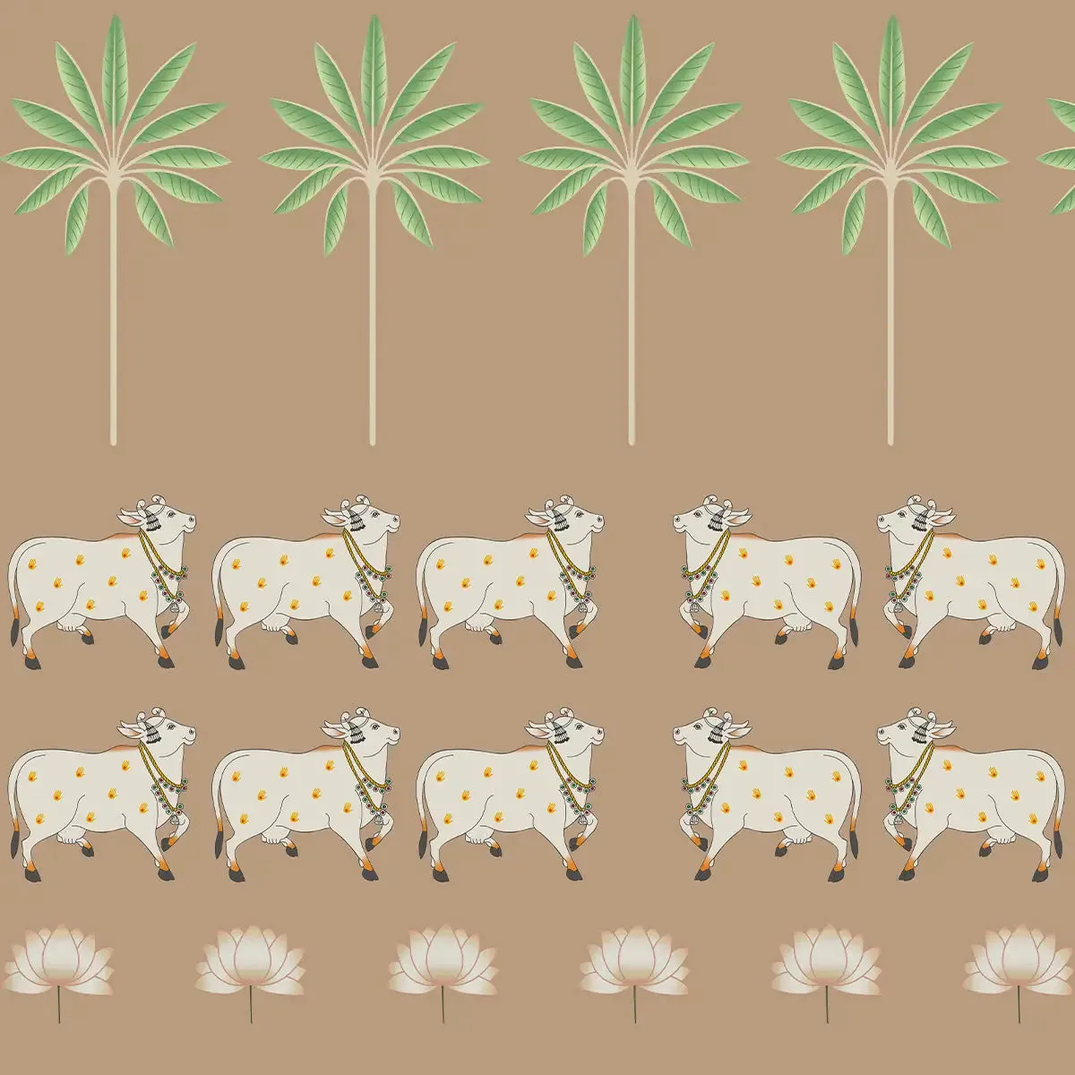Pichwai Cow Painting Inspired Wallpaper for Walls, Brown Color Customised