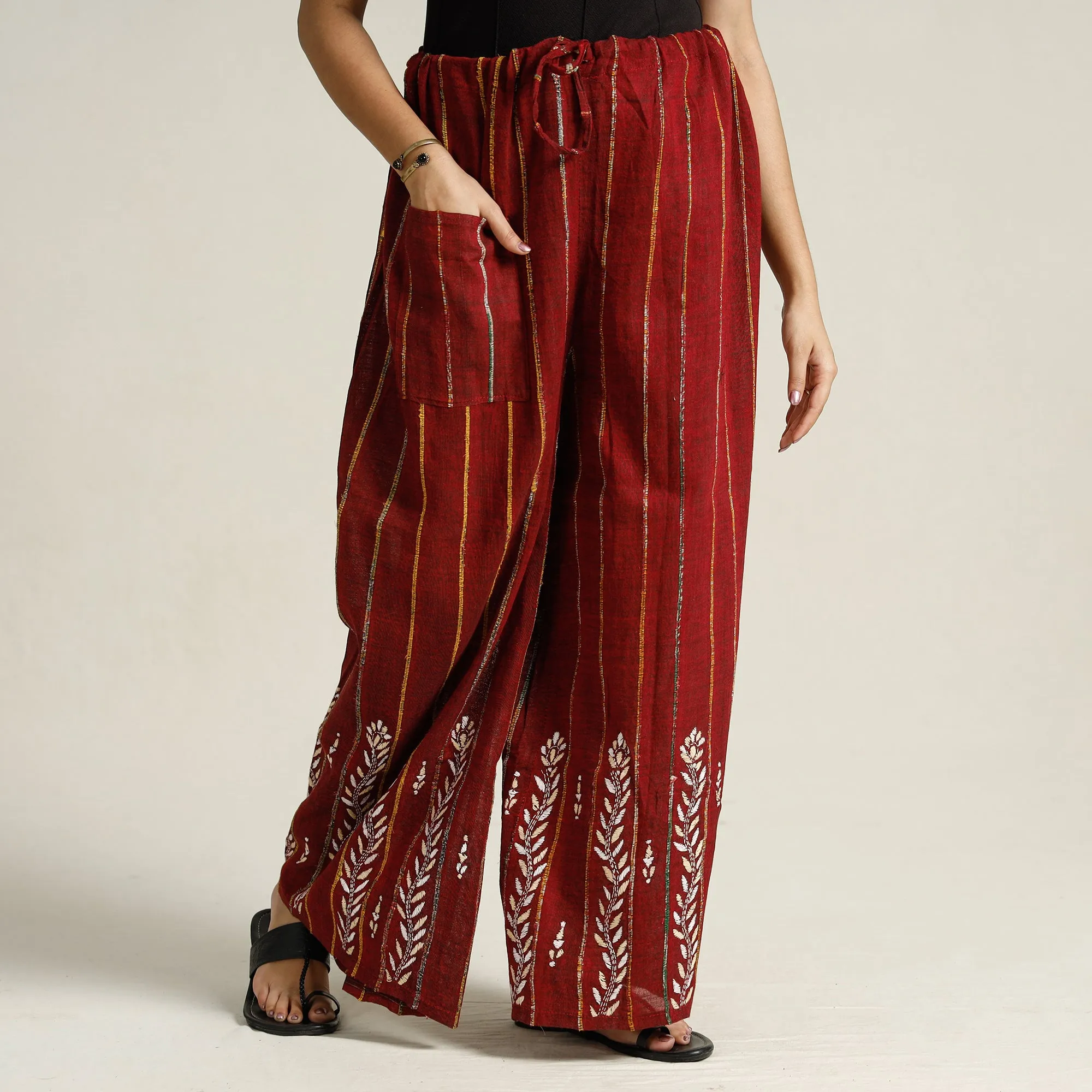 Red - Bengal Khesh Weaving Kantha Embroidery Cotton Palazzo 44