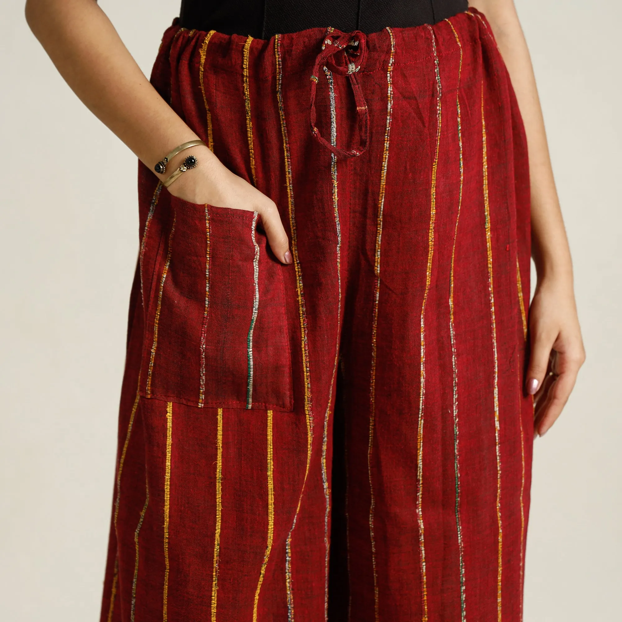 Red - Bengal Khesh Weaving Kantha Embroidery Cotton Palazzo 44
