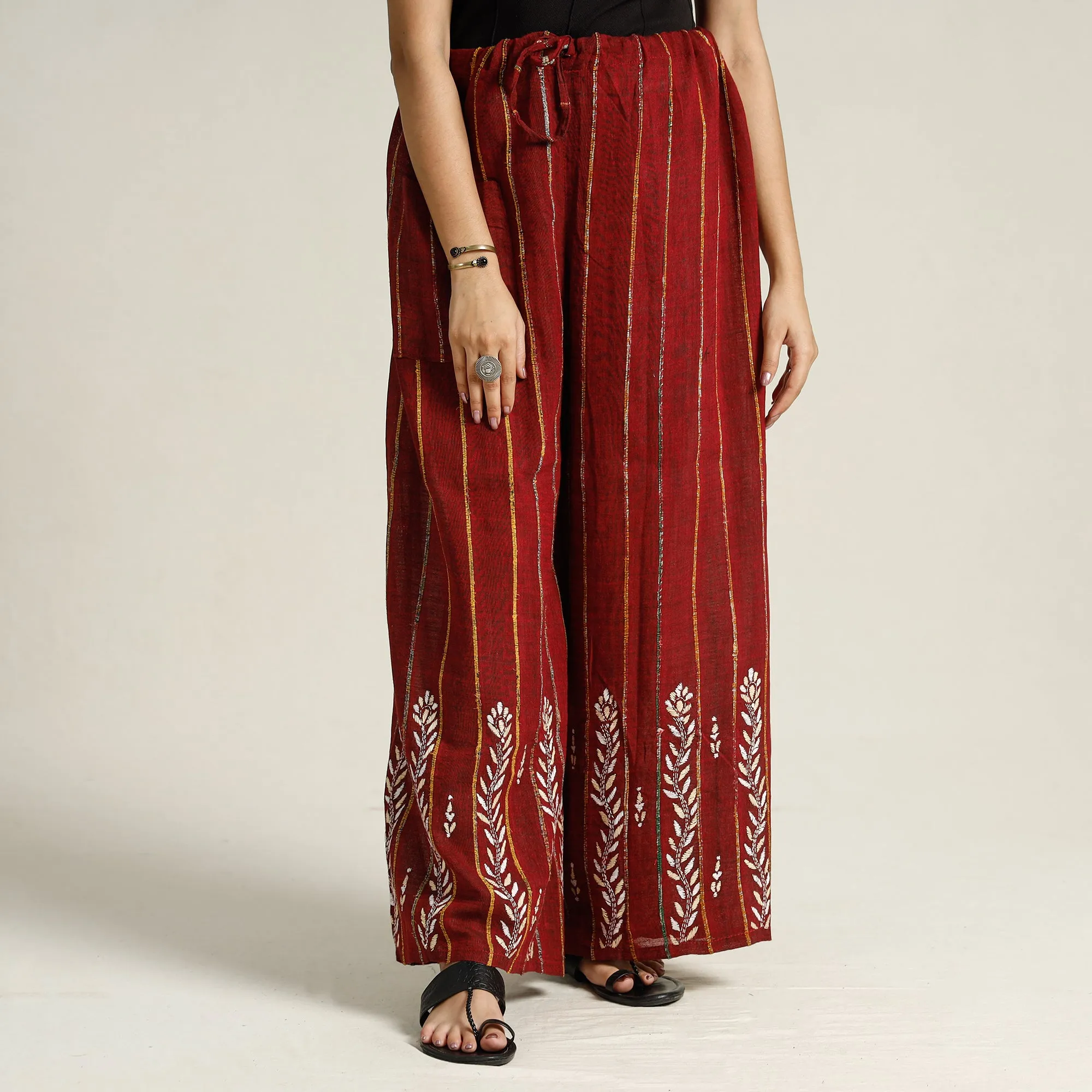 Red - Bengal Khesh Weaving Kantha Embroidery Cotton Palazzo 44
