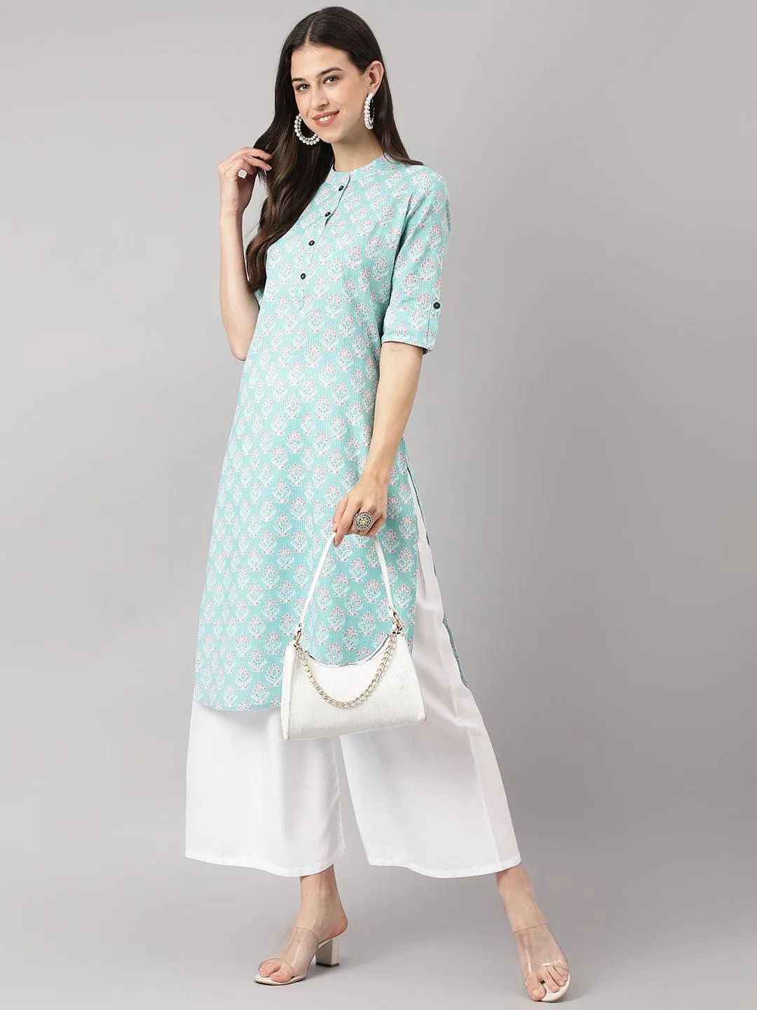 Sea Green Cotton Katha Work Straight Kurta