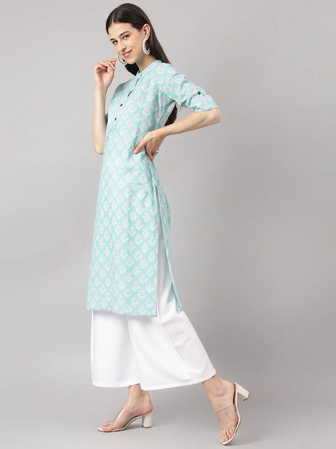 Sea Green Cotton Katha Work Straight Kurta