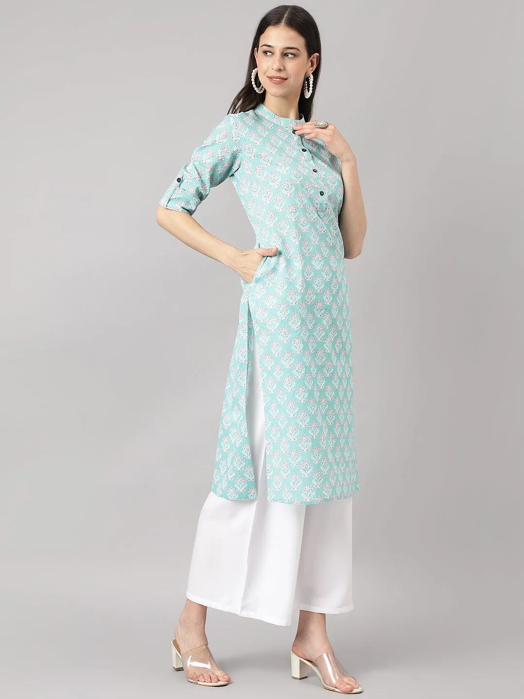 Sea Green Cotton Katha Work Straight Kurta