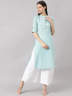 Sea Green Cotton Katha Work Straight Kurta