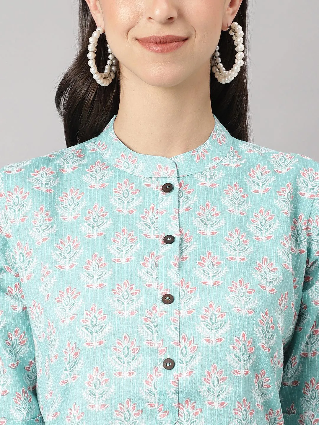 Sea Green Cotton Katha Work Straight Kurta