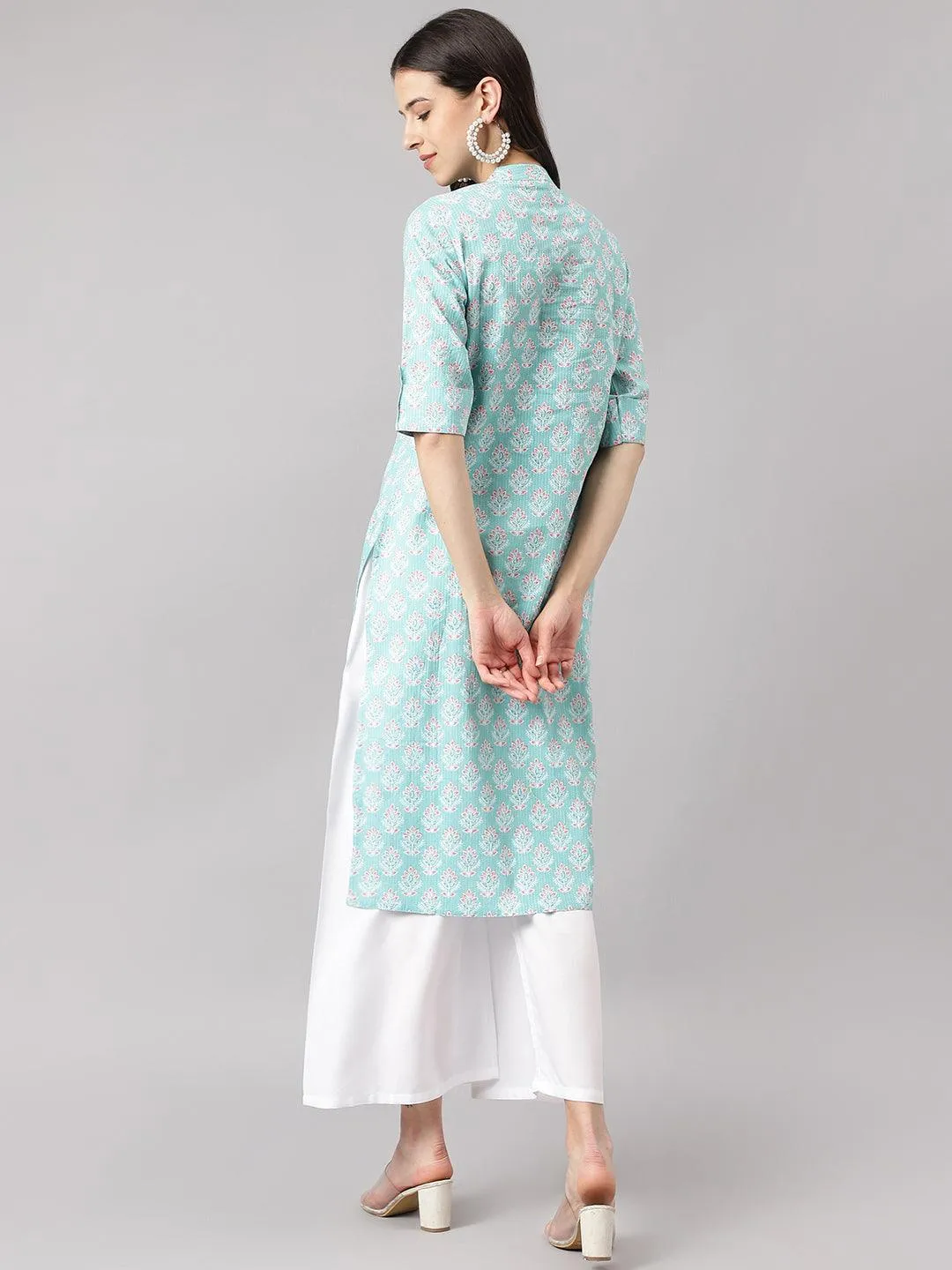 Sea Green Cotton Katha Work Straight Kurta