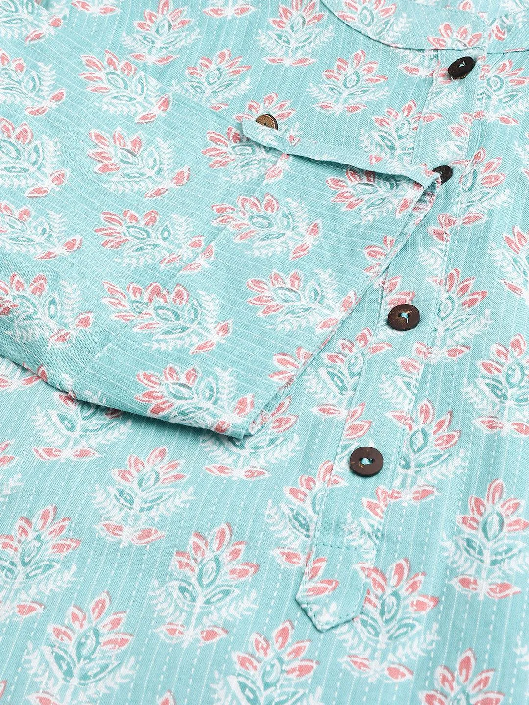 Sea Green Cotton Katha Work Straight Kurta