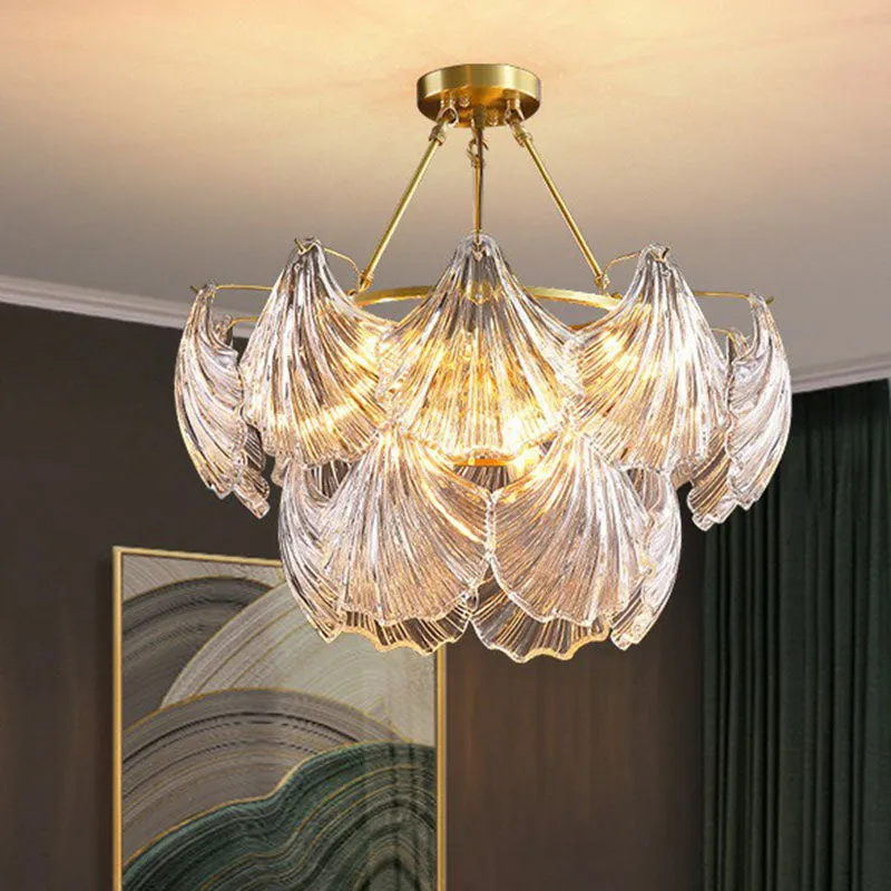 Simplicity Ribbed Crystal Brass Shell Chandelier Pendant Light for Dining Room