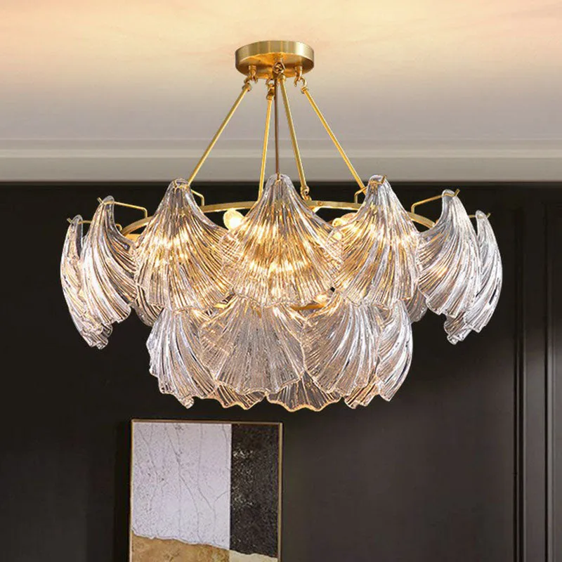 Simplicity Ribbed Crystal Brass Shell Chandelier Pendant Light for Dining Room