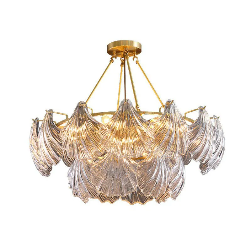 Simplicity Ribbed Crystal Brass Shell Chandelier Pendant Light for Dining Room
