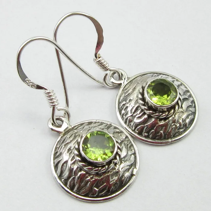 Solid Silver Peridot Basket Weave Disc Drop Earrings
