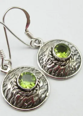 Solid Silver Peridot Basket Weave Disc Drop Earrings