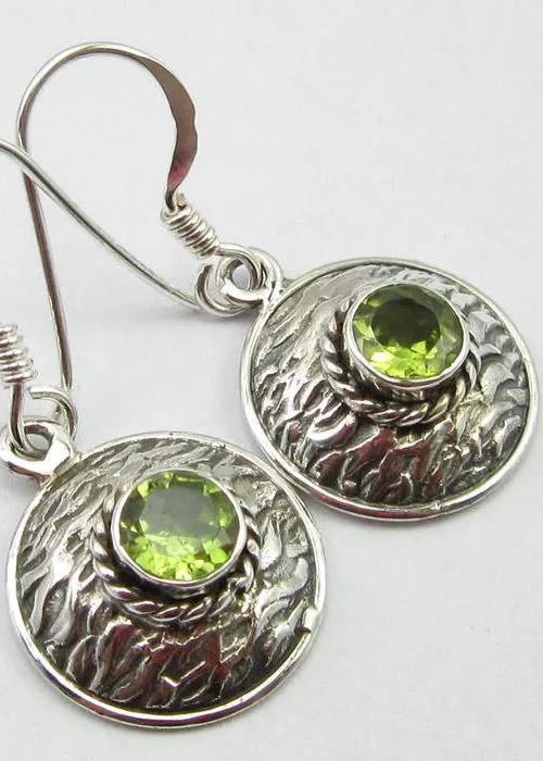 Solid Silver Peridot Basket Weave Disc Drop Earrings