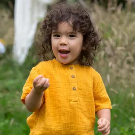 Sunshine Gold Muslin Loose Short Sleeve Henley Top