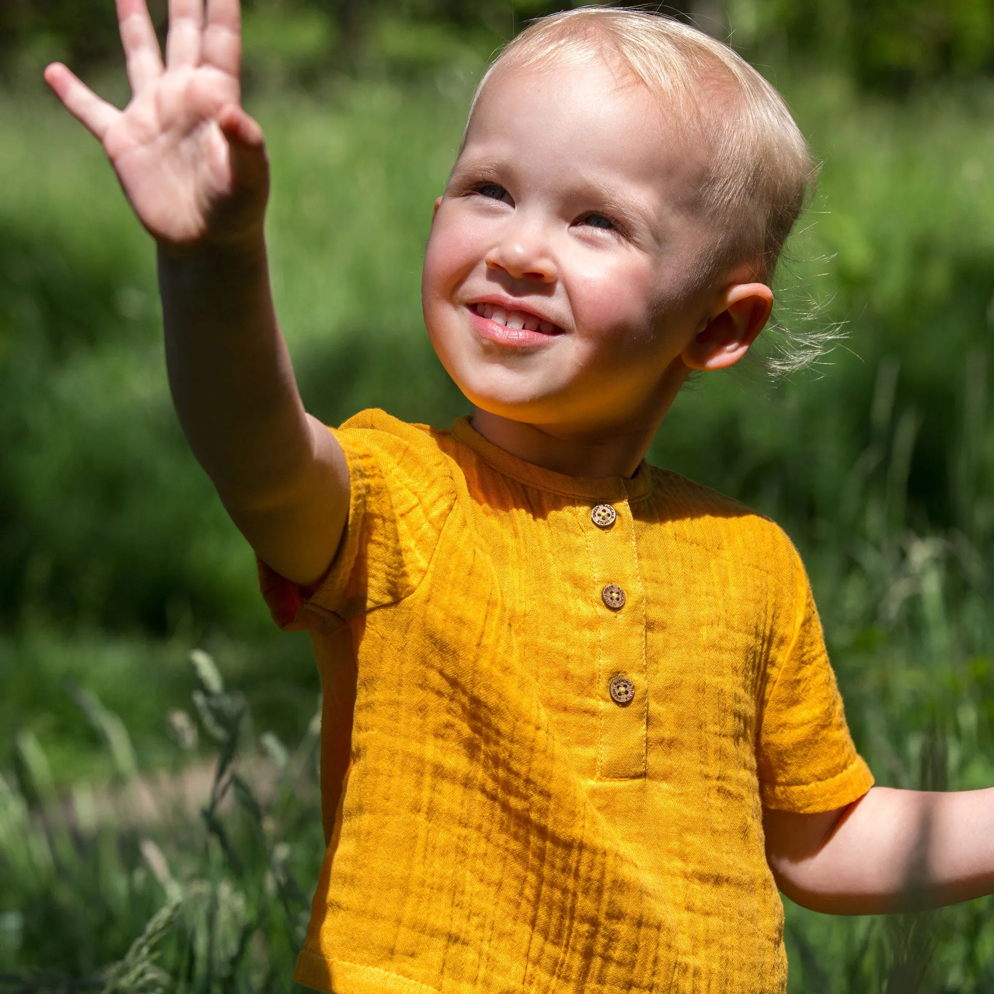 Sunshine Gold Muslin Loose Short Sleeve Henley Top