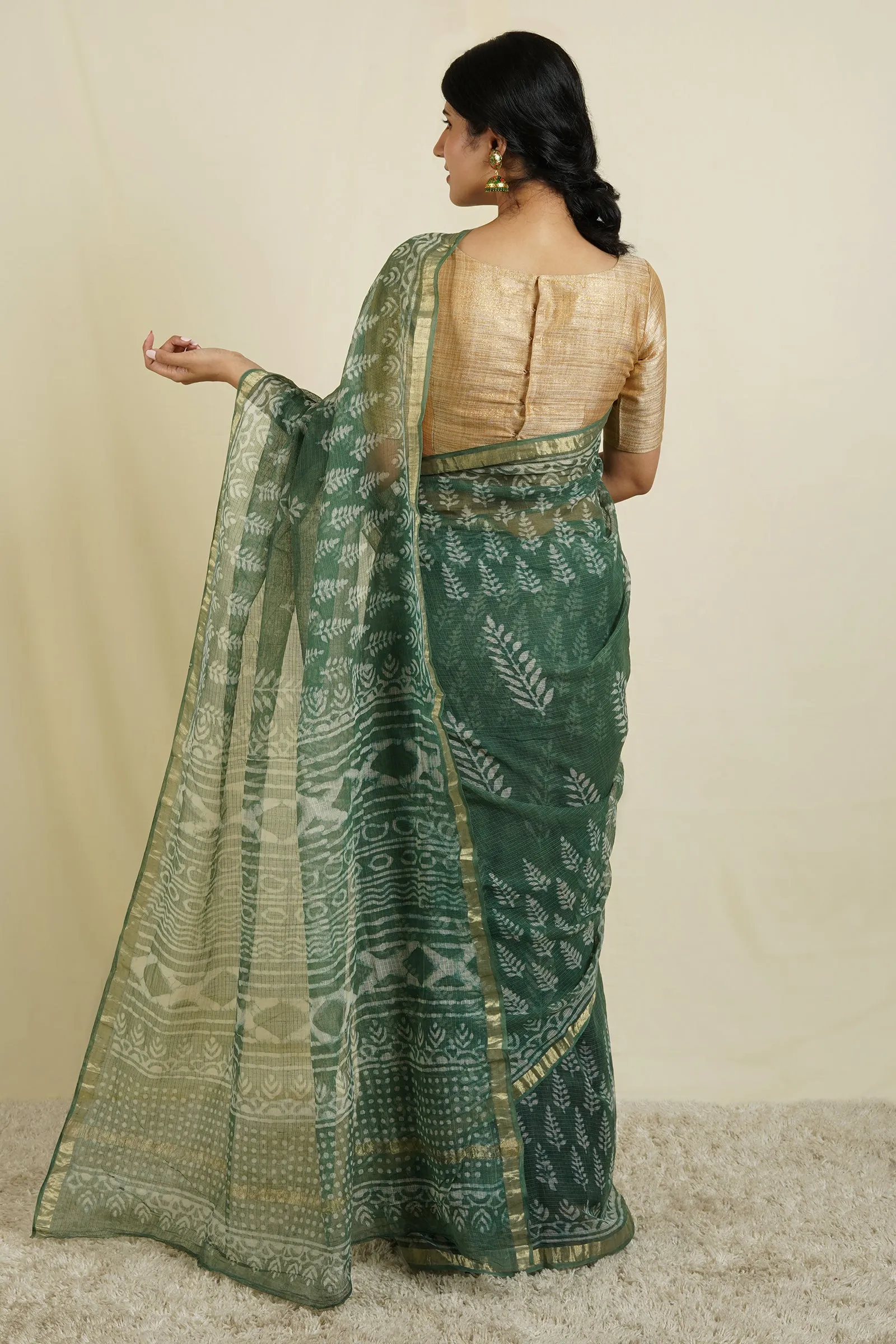 Teejh Green Haze Block Print Dark Green Kota Saree with Blouse Piece