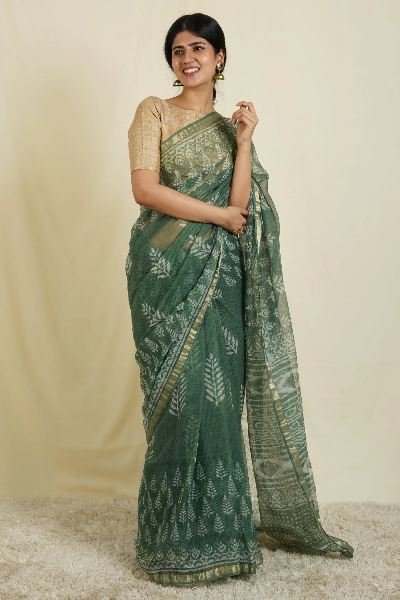 Teejh Green Haze Block Print Dark Green Kota Saree with Blouse Piece