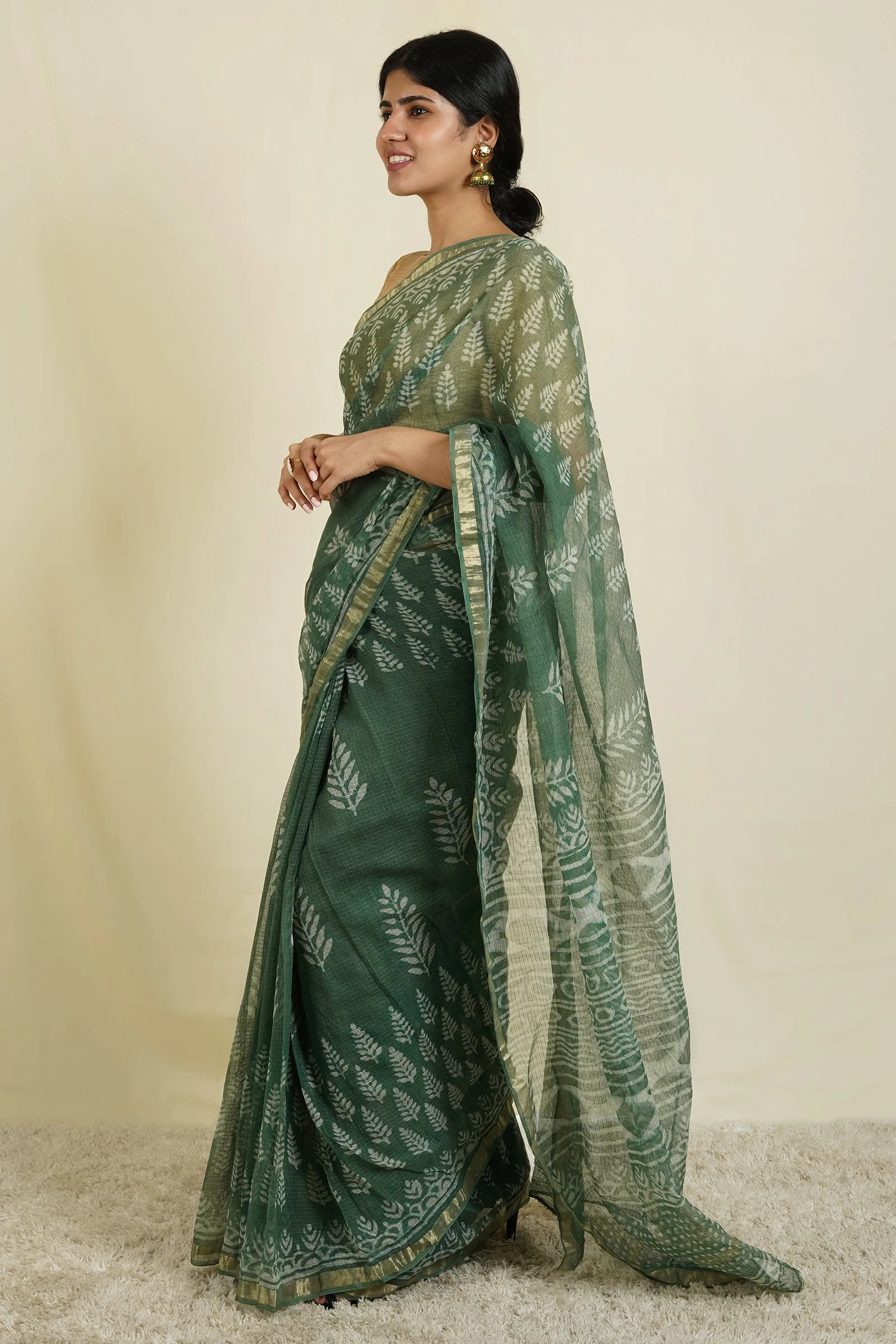 Teejh Green Haze Block Print Dark Green Kota Saree with Blouse Piece