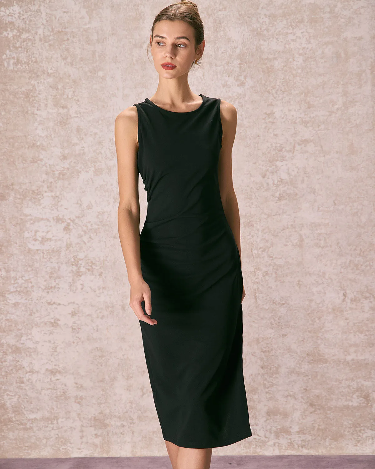 The Black Round Neck Ruched Tank Midi Dress