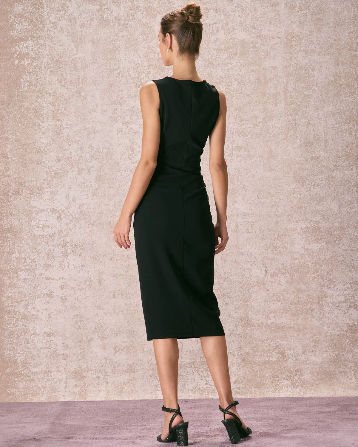 The Black Round Neck Ruched Tank Midi Dress