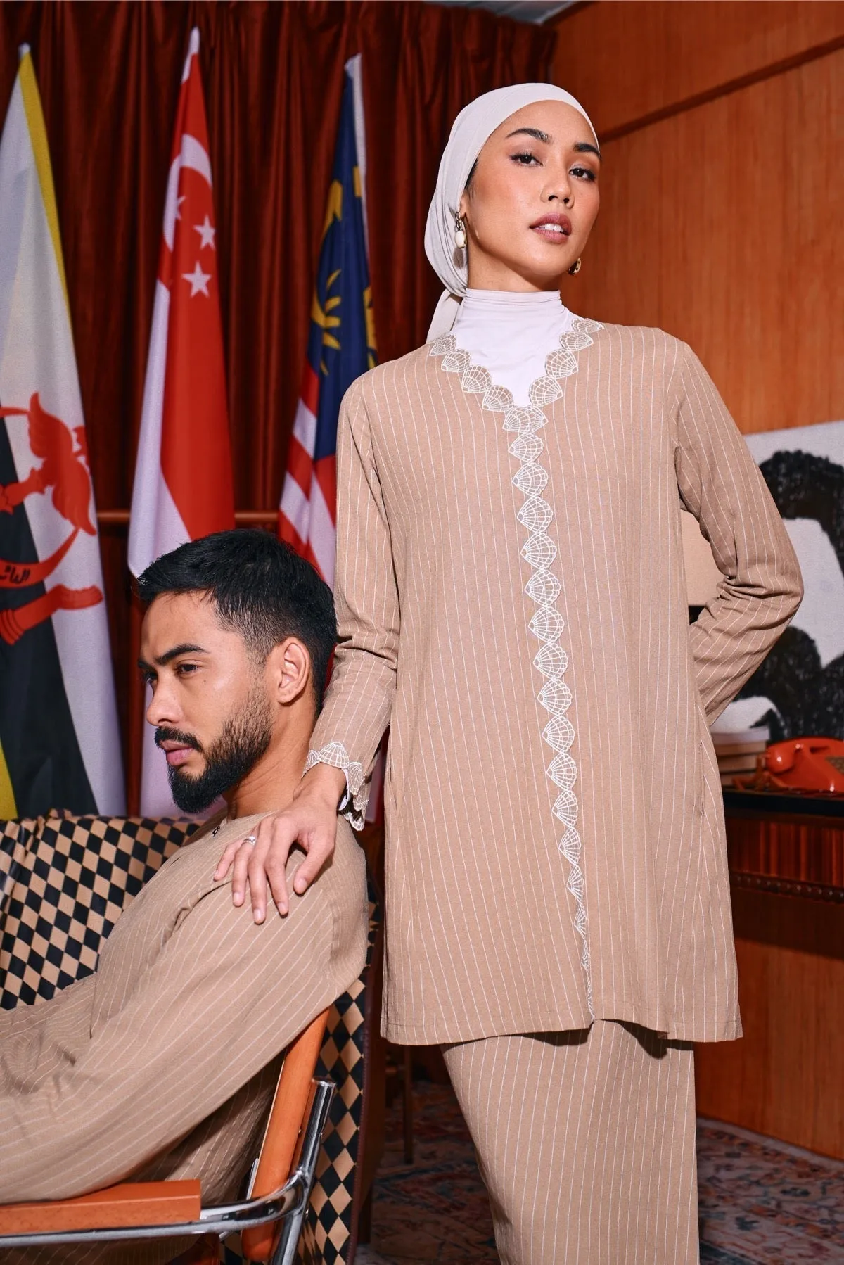 The Congkak Women Folded Skirt - Khaki Stripe