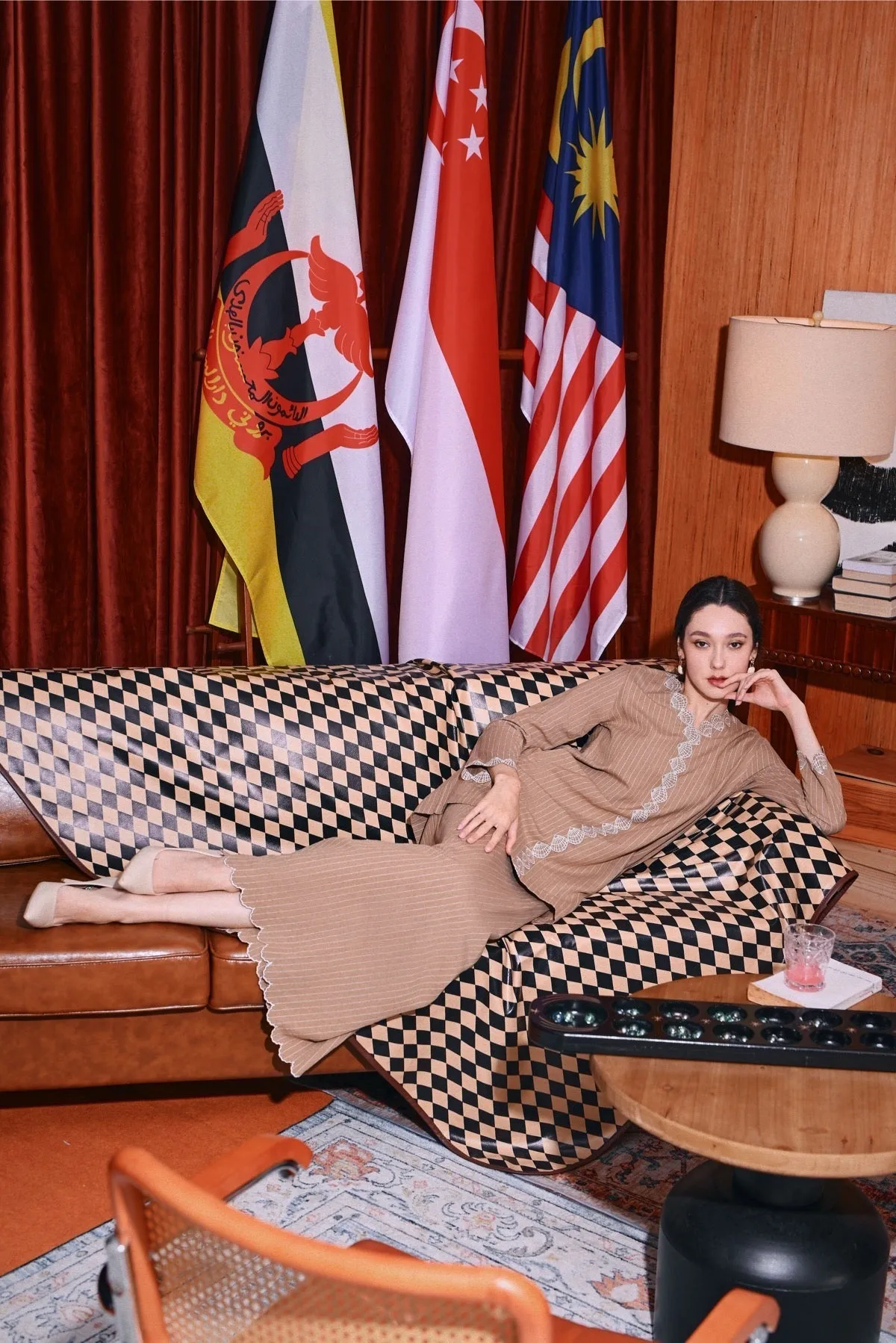 The Congkak Women Folded Skirt - Khaki Stripe
