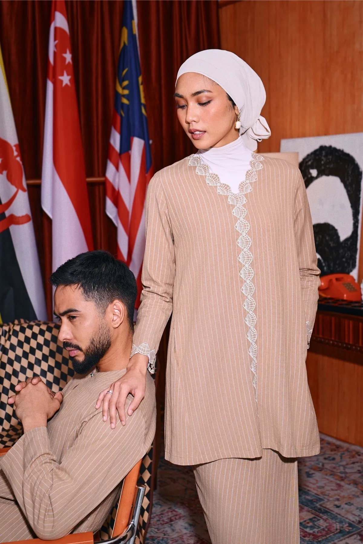 The Congkak Women Folded Skirt - Khaki Stripe
